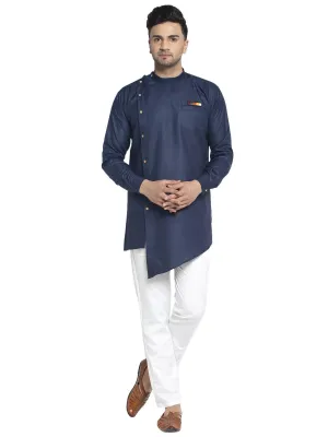 Men's Cotton Navy Blue Asymmetric Solid Kurta With White Trousers - Benstoke