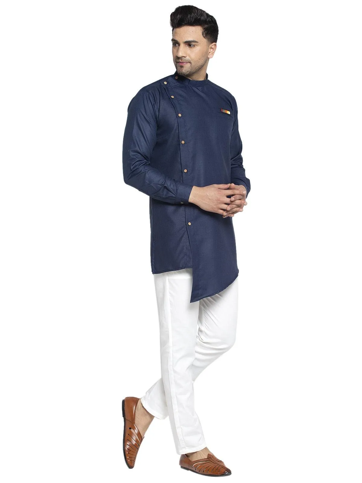 Men's Cotton Navy Blue Asymmetric Solid Kurta With White Trousers - Benstoke