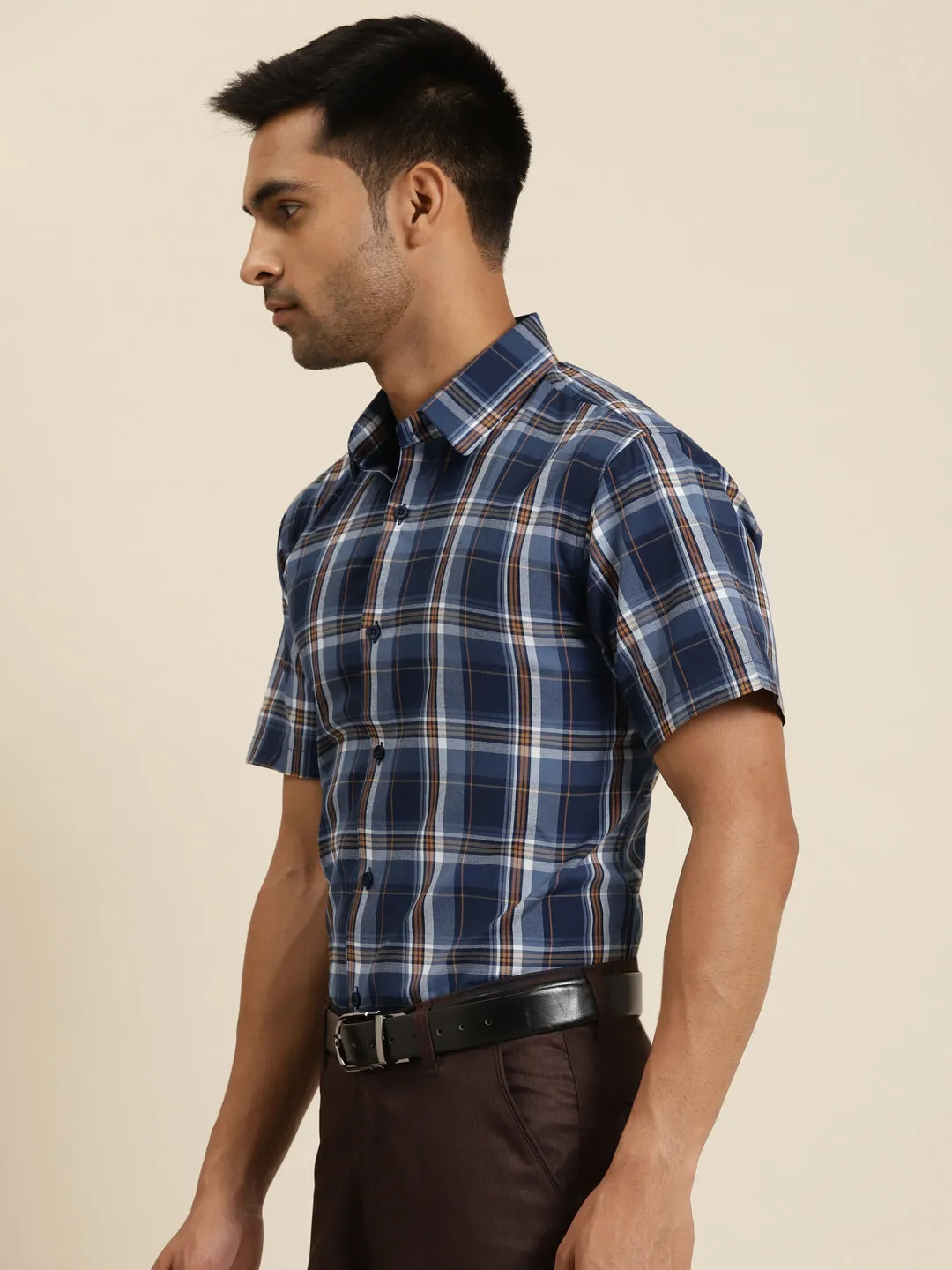 Men's Cotton Navy Blue Half sleeves Formal Shirt - Sojanya