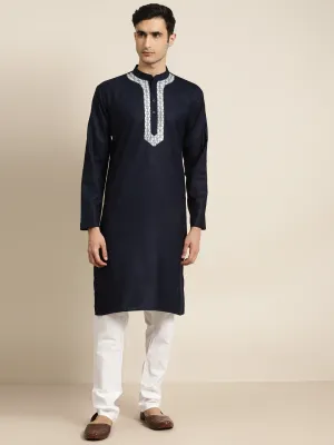 Men's Cotton Navy Blue Neck Embroidery Kurta & White Churidar Pyjama Set - Sojanya