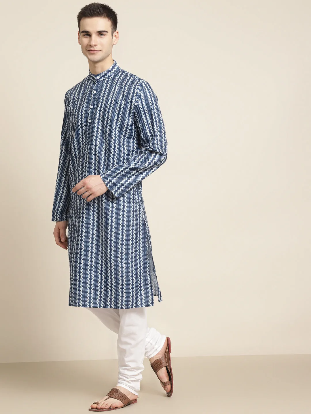 Men's Cotton Navy Blue Printed Kurta & White Churidar Pyjama Set - Sojanya