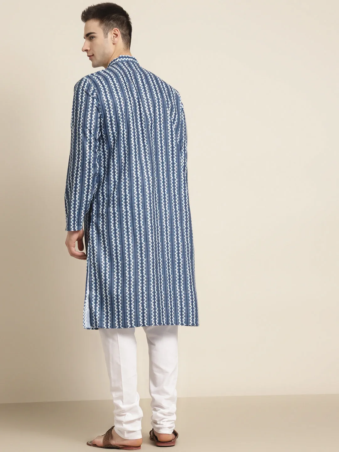 Men's Cotton Navy Blue Printed Kurta & White Churidar Pyjama Set - Sojanya