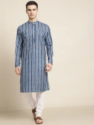 Men's Cotton Navy Blue Printed Kurta & White Churidar Pyjama Set - Sojanya