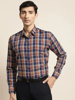 Men's Cotton Orange & Navy Blue Check Formal Shirt - Sojanya