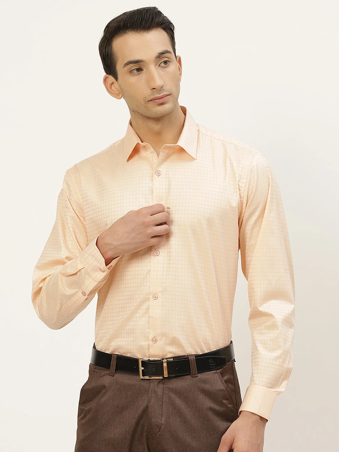 Mens Cotton Peach Checked Formal Shirt - Sojanya