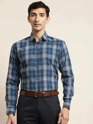 Men's Cotton Peacock & Black Check Formal Shirt - Sojanya