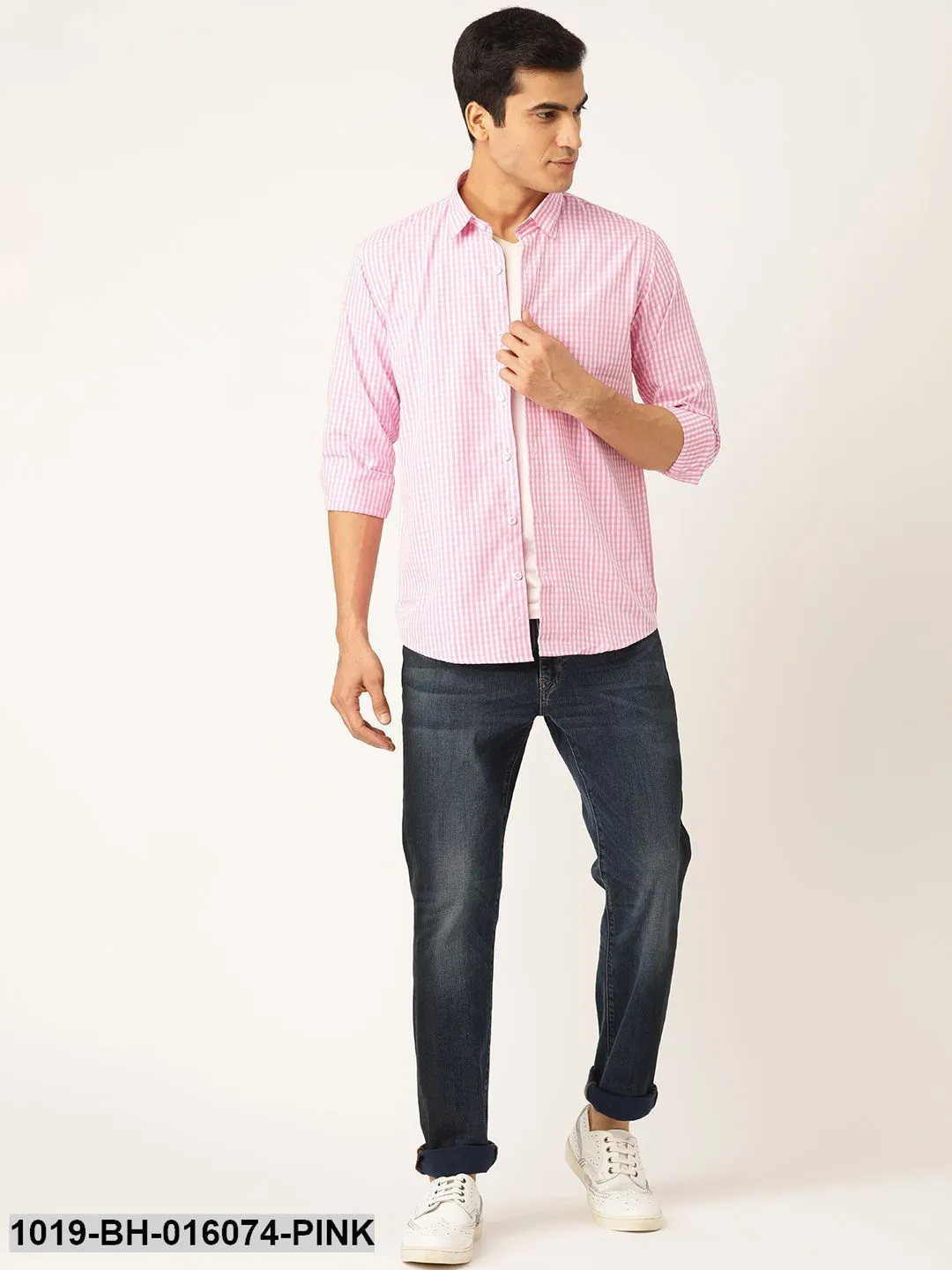 Men's Cotton Pink & White Checked Casual Shirt - Sojanya