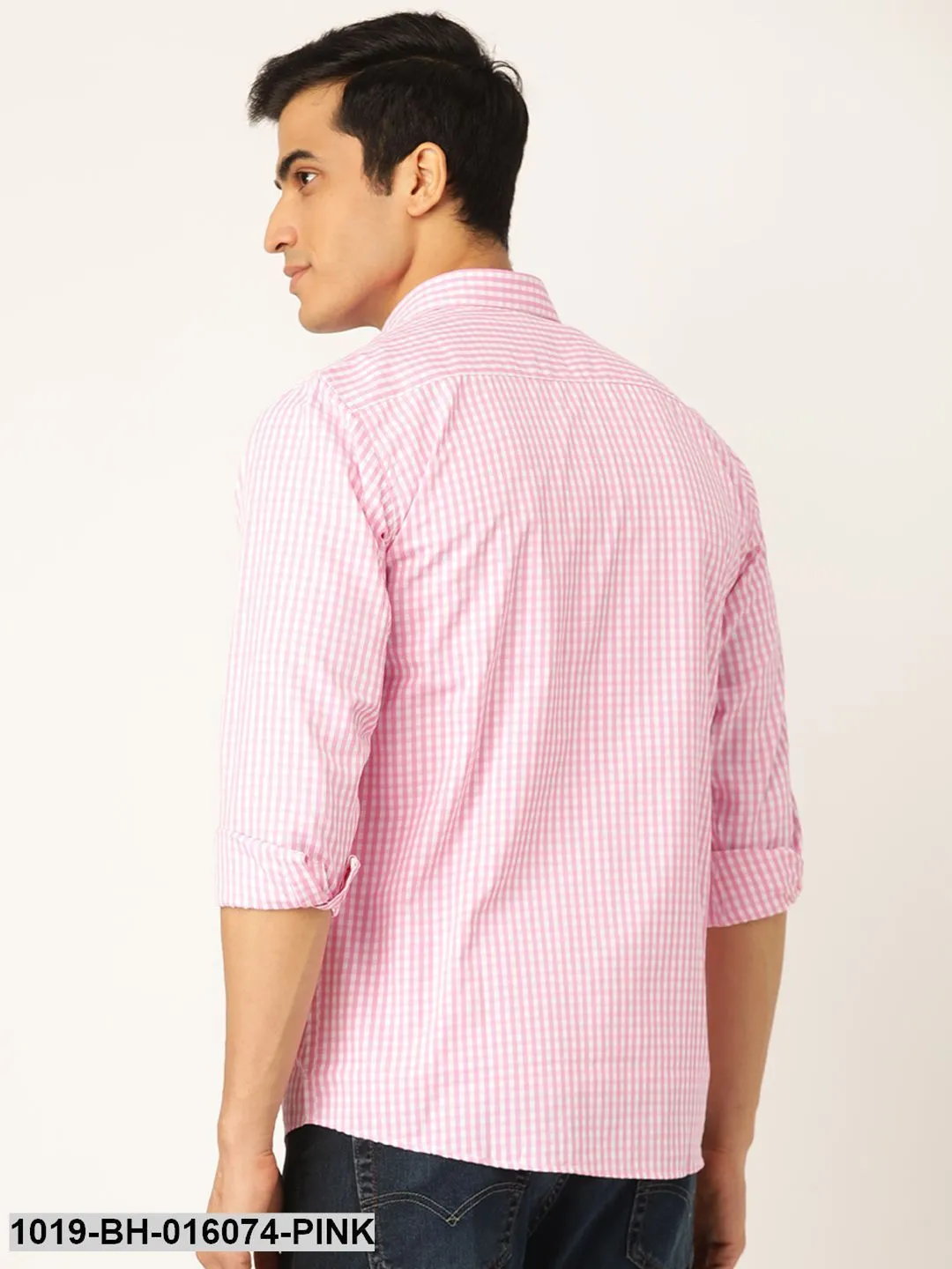 Men's Cotton Pink & White Checked Casual Shirt - Sojanya