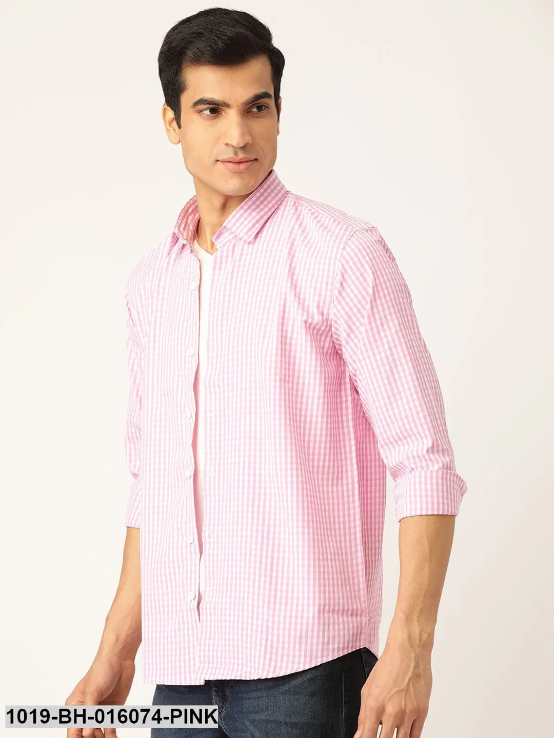 Men's Cotton Pink & White Checked Casual Shirt - Sojanya