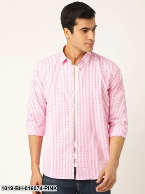 Men's Cotton Pink & White Checked Casual Shirt - Sojanya