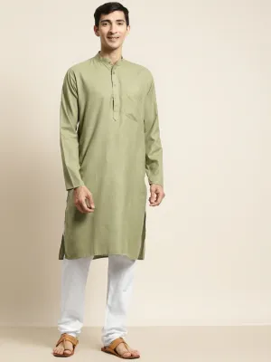 Men's Cotton Pista Green Kurta & White Churidar Pyjama Set - Sojanya