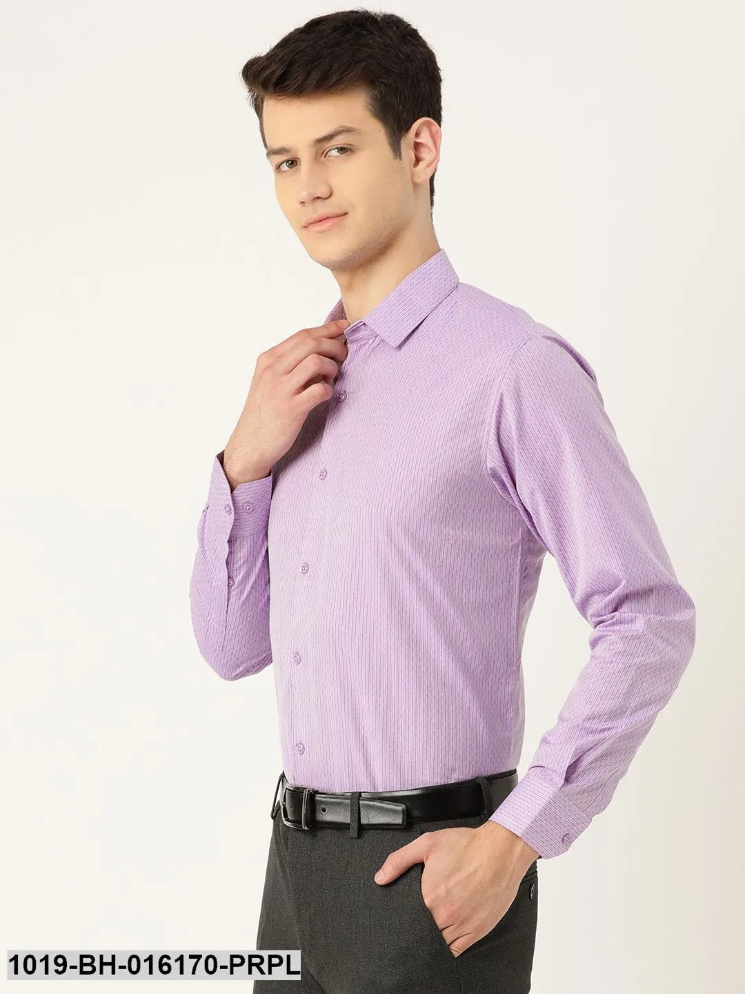 Men's Cotton Purple & Off White Striped Formal Shirt - Sojanya