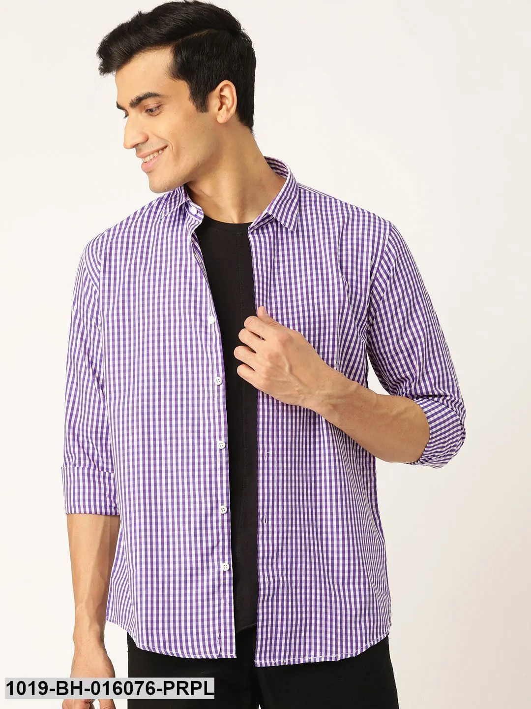 Men's Cotton Purple & White Checked Casual Shirt - Sojanya