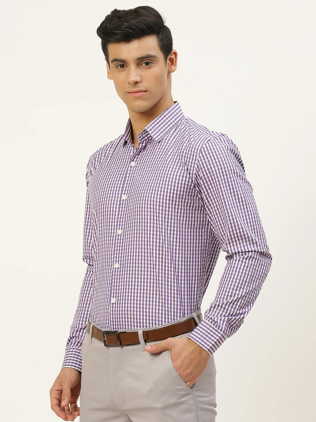 Men's Cotton Purple & White Checked Formal Shirt - Sojanya