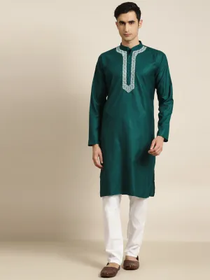 Men's Cotton Rama Green Neck Embroidery Kurta & White Churidar Pyjama Set - Sojanya