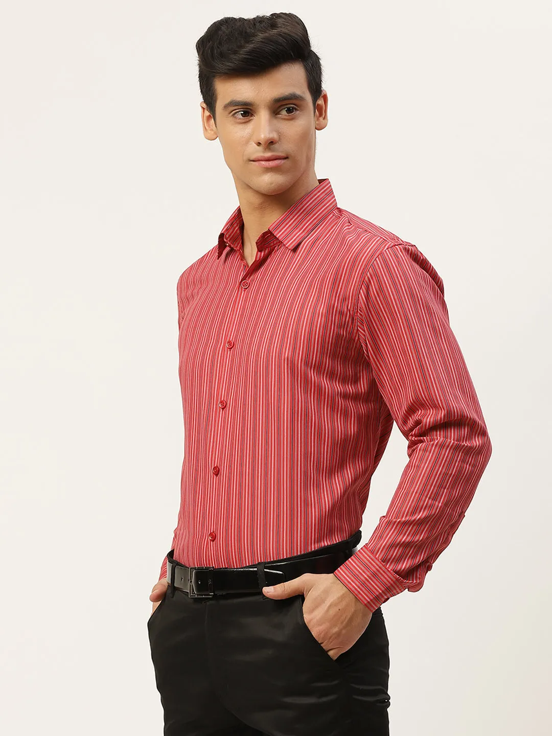 Mens Cotton Red & Multicolored Striped Formal Shirt - Sojanya