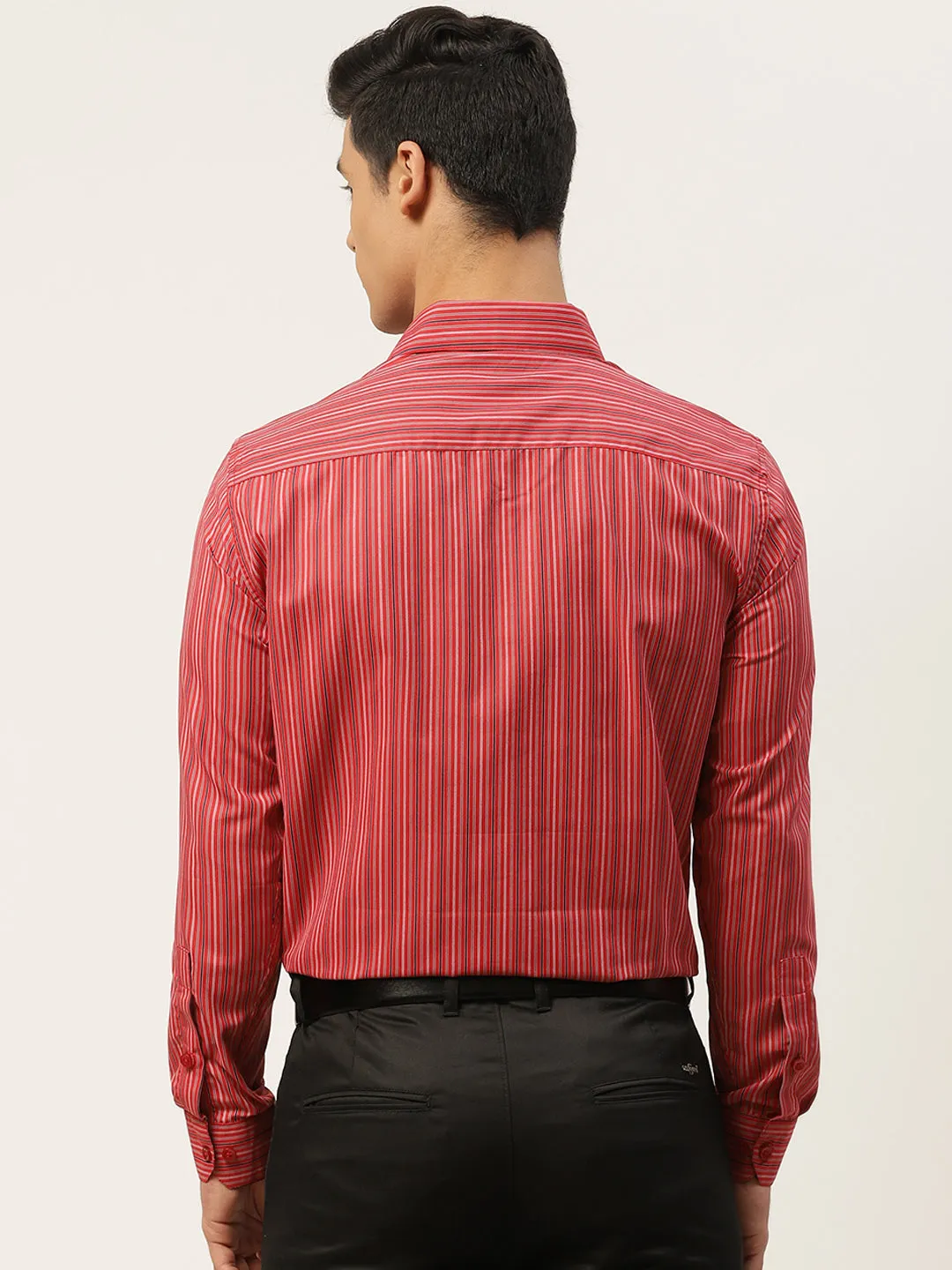 Mens Cotton Red & Multicolored Striped Formal Shirt - Sojanya