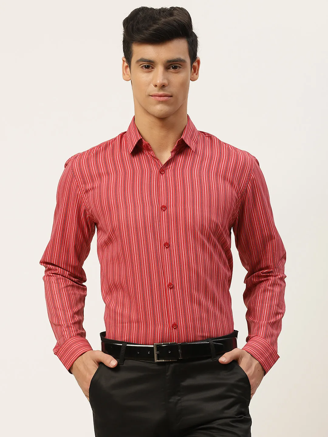 Mens Cotton Red & Multicolored Striped Formal Shirt - Sojanya