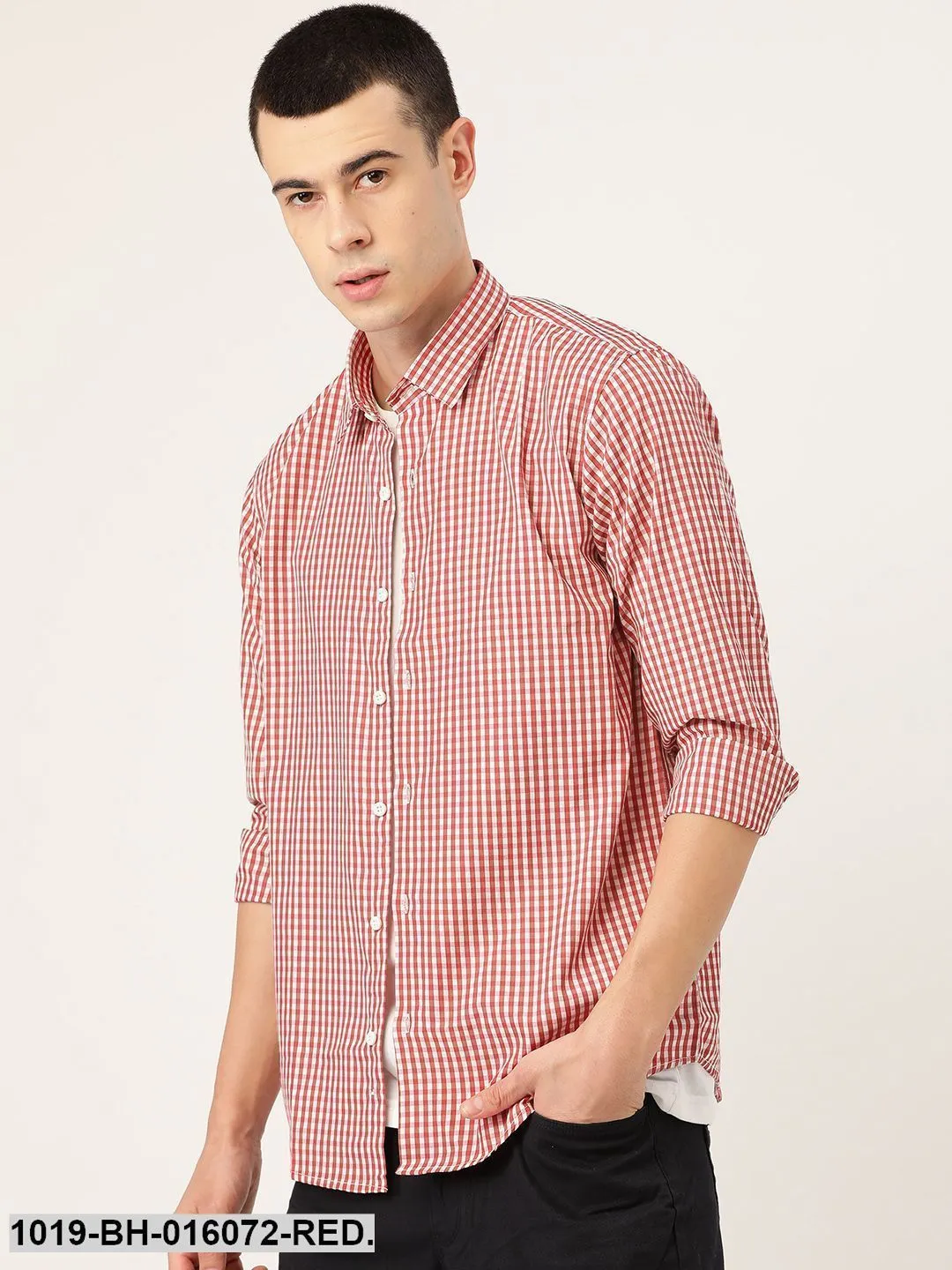 Men's Cotton Red & White Checked Casual Shirt - Sojanya