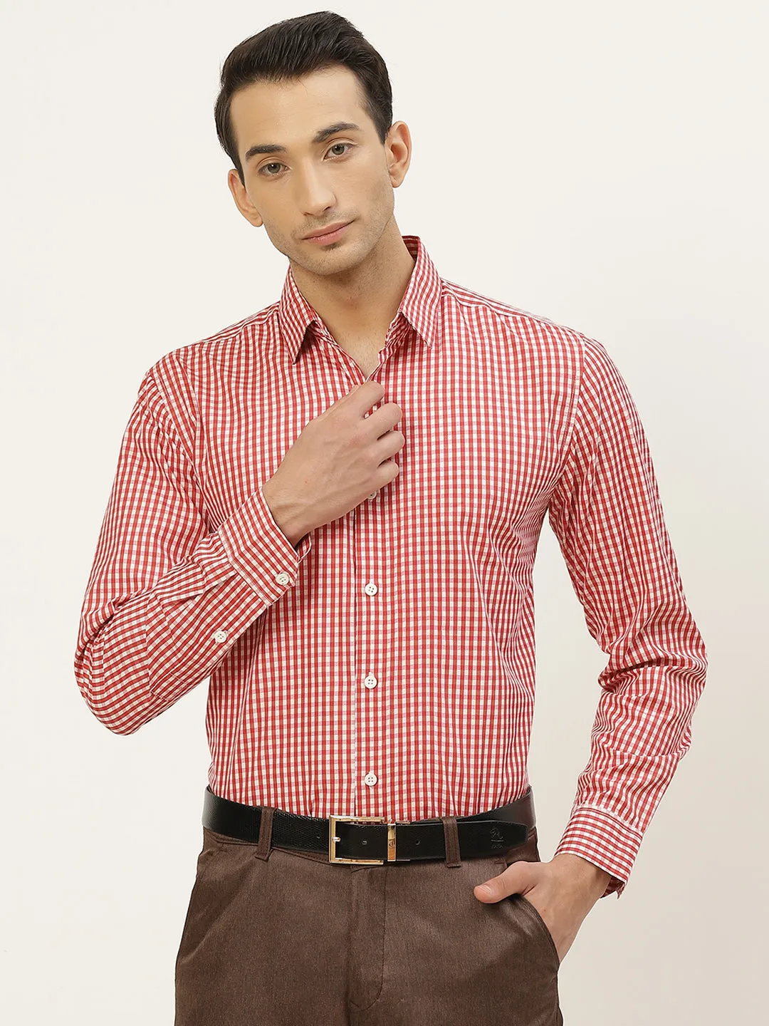 Men's Cotton Red & White Checked Formal Shirt - Sojanya