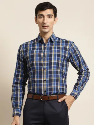 Men's Cotton Royal Blue & Navy Blue Check Formal Shirt - Sojanya