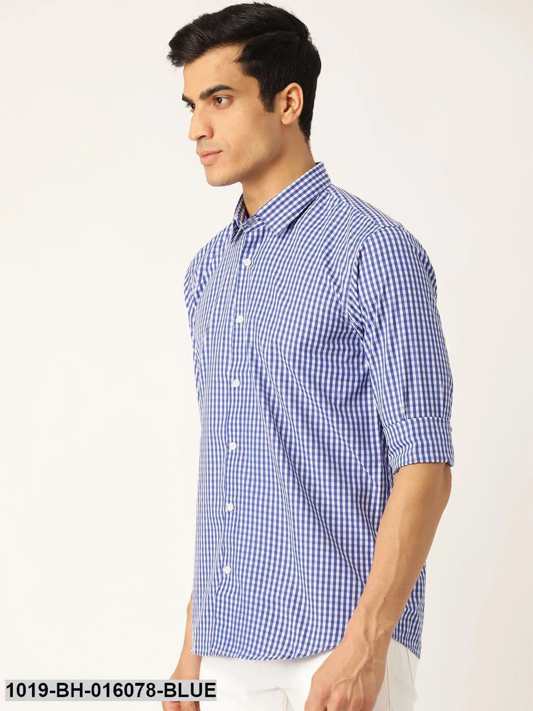 Men's Cotton Royal Blue & White Checked Casual Shirt - Sojanya