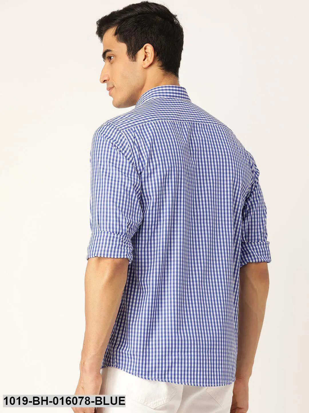 Men's Cotton Royal Blue & White Checked Casual Shirt - Sojanya