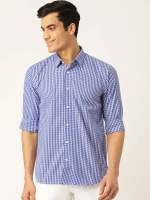 Men's Cotton Royal Blue & White Checked Formal Shirt - Sojanya