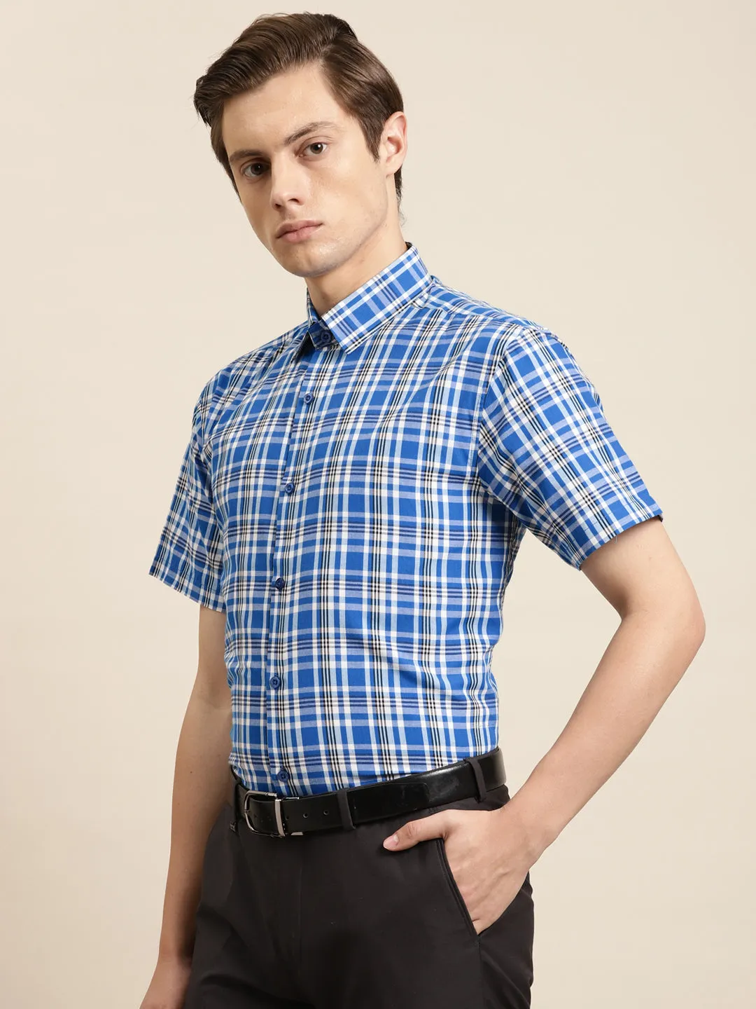 Men's Cotton Royal Blue & White Formal Shirt - Sojanya