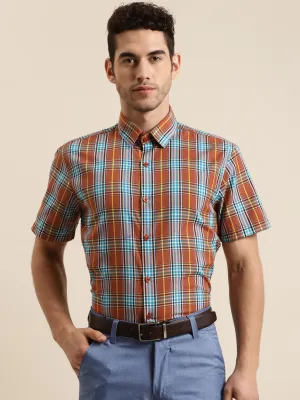 Men's Cotton Rust & Blue Half sleeves Casual Shirt