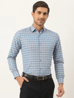 Mens Cotton Teal Blue & Off White Checked Formal Shirt - Sojanya