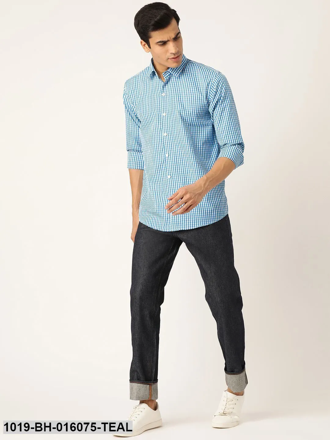 Men's Cotton Teal Blue & White Checked Casual Shirt - Sojanya