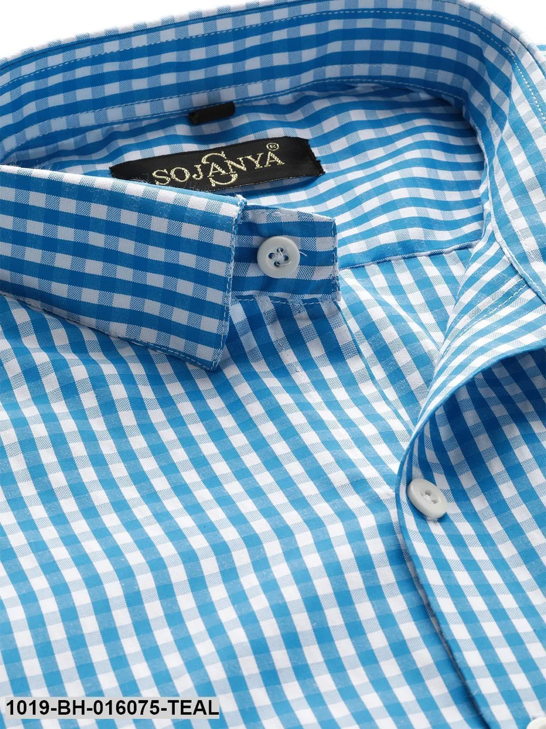 Men's Cotton Teal Blue & White Checked Casual Shirt - Sojanya