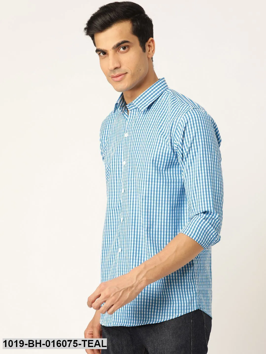 Men's Cotton Teal Blue & White Checked Casual Shirt - Sojanya