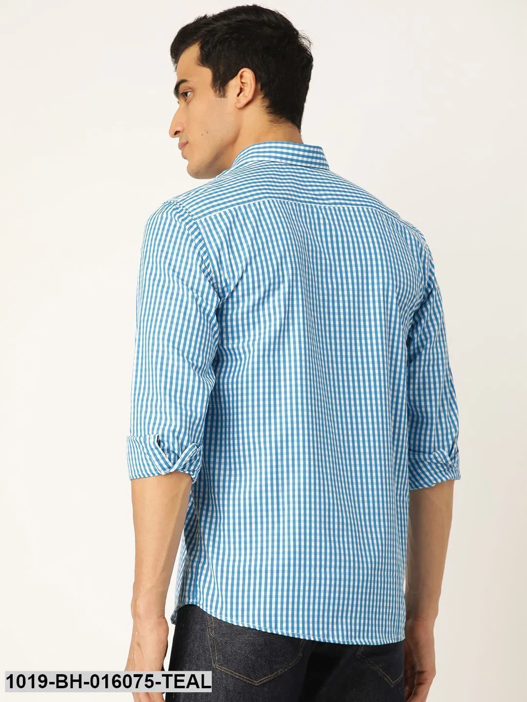 Men's Cotton Teal Blue & White Checked Casual Shirt - Sojanya