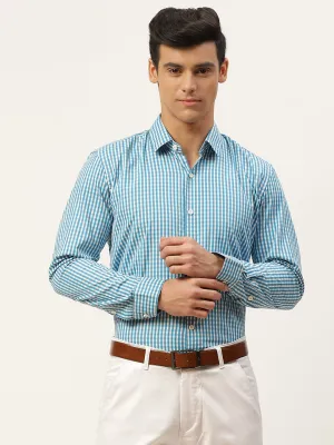 Men's Cotton Teal Blue & White Checked Formal Shirt - Sojanya