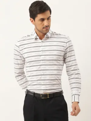 Mens Cotton White & Black Printed Formal Shirt - Sojanya