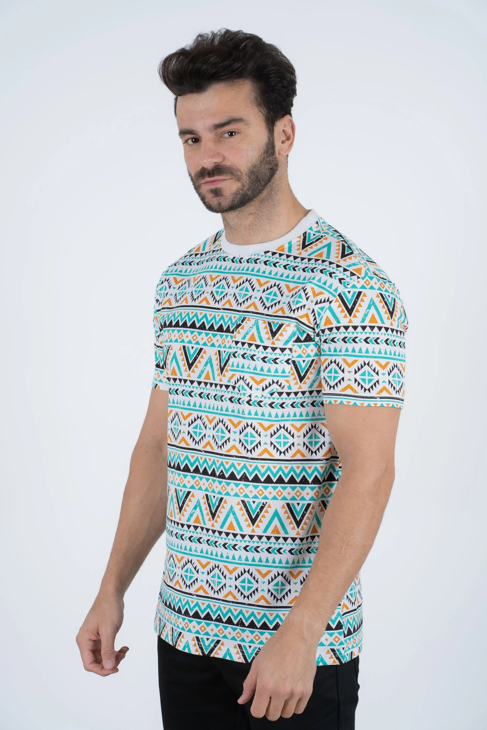 Men's Cotton White Aztec Print T-shirt