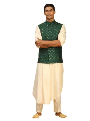 Men's Cream And Green Cotton Blend Jacket, Kurta & Pyjama - Shrestha By Vastramay