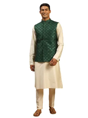 Men's Cream Cotton Blend Jacket, Kurta & Pyjama - Shrestha By Vastramay