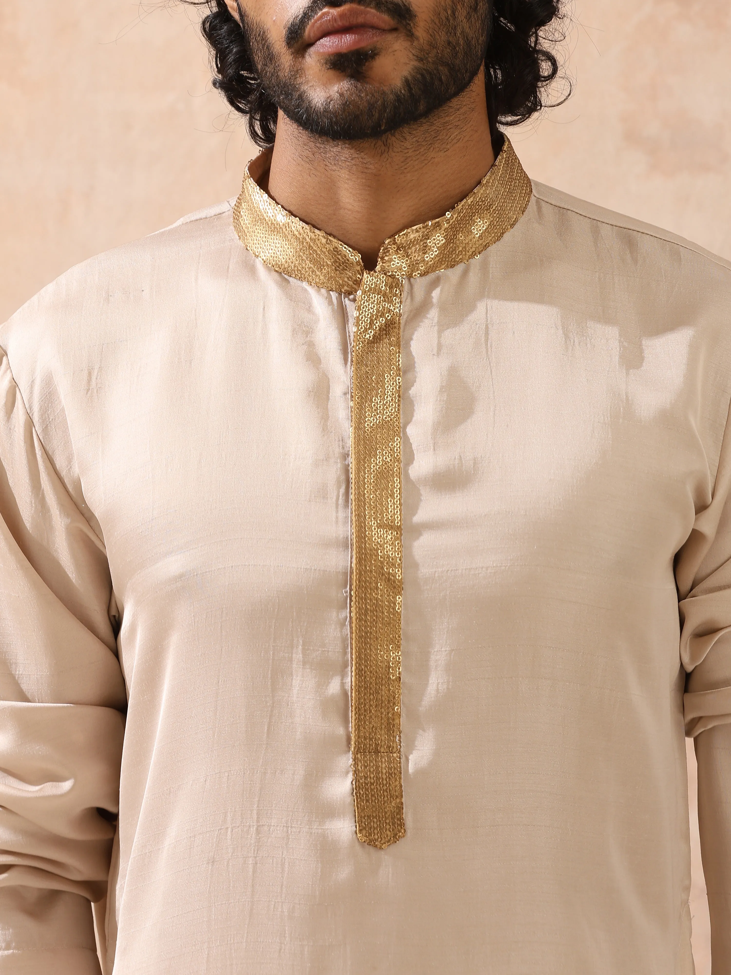 Mens Cream Kurta with Gold Sequin Placket and Collar