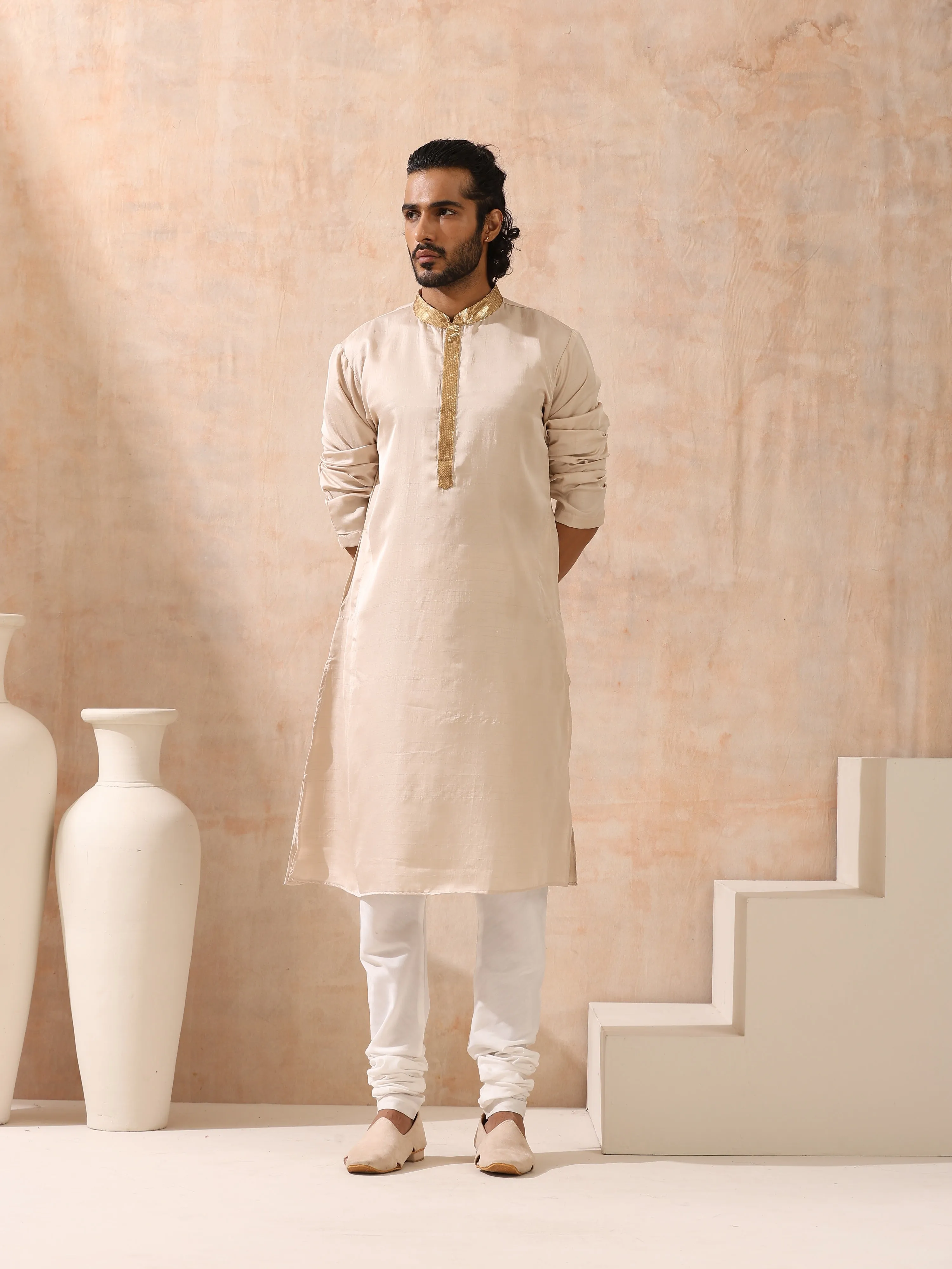 Mens Cream Kurta with Gold Sequin Placket and Collar