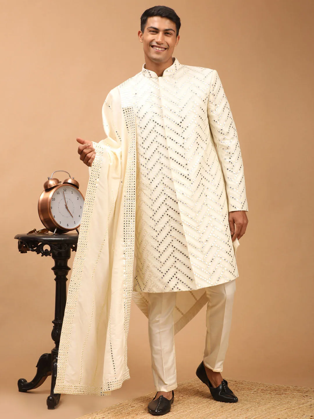 Men's Cream Silk Blend Sherwani Set With Dupatta - Shrestha By Vastramay