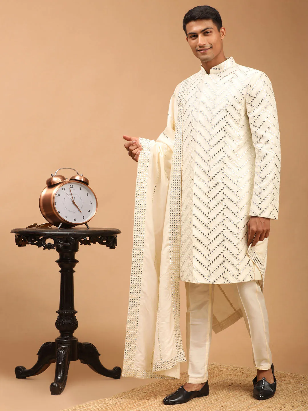 Men's Cream Silk Blend Sherwani Set With Dupatta - Shrestha By Vastramay