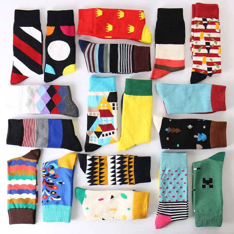 Men's Crew Length Cotton Happy Socks, British Style Argyle Pattern Designs