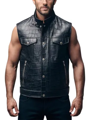 Men's Crocodile Pattern Black Leather Vest