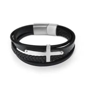 Men's Cross Bracelet<br> Black Leather