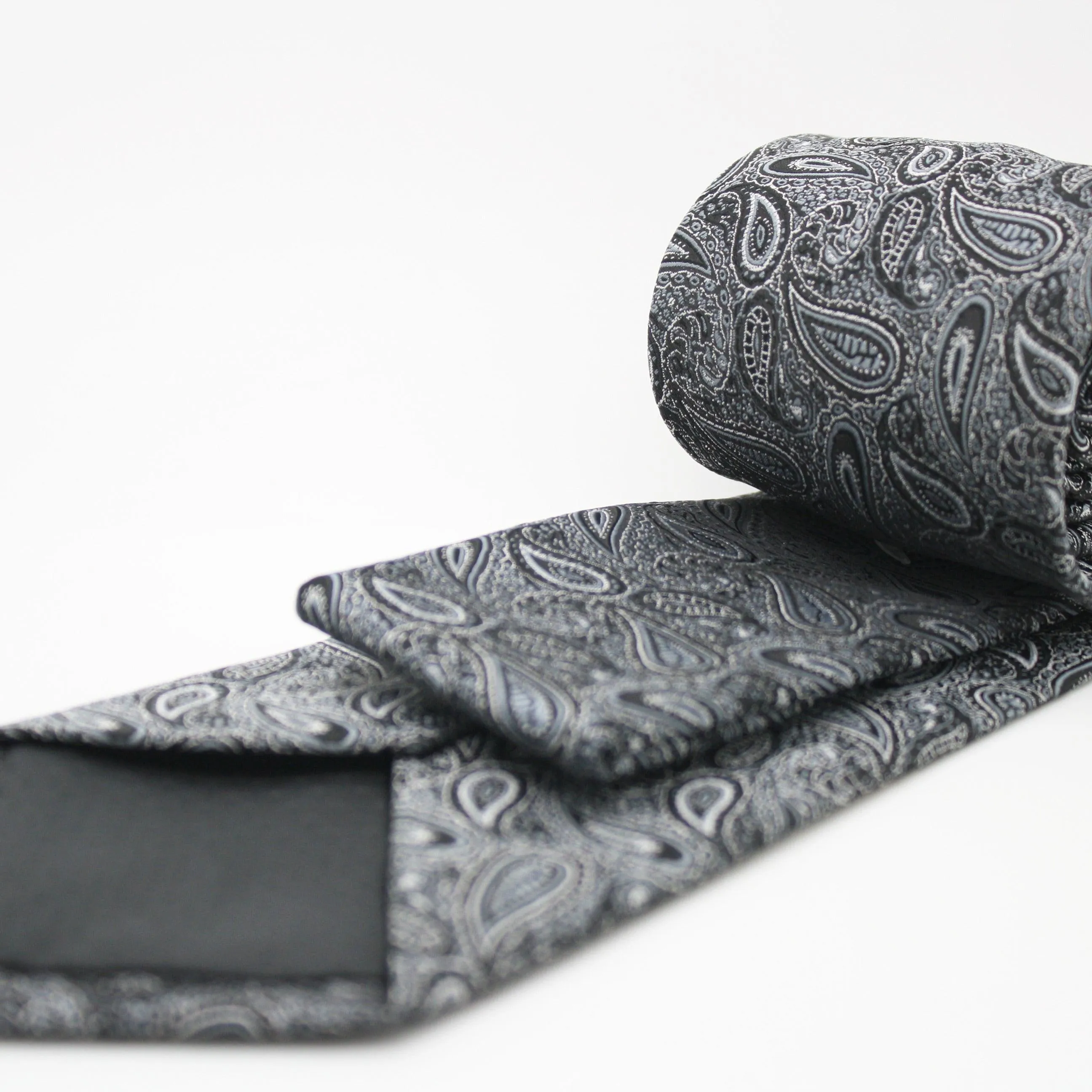 Mens Dads Classic Black Paisley Pattern Business Casual Necktie & Hanky Set EF-2