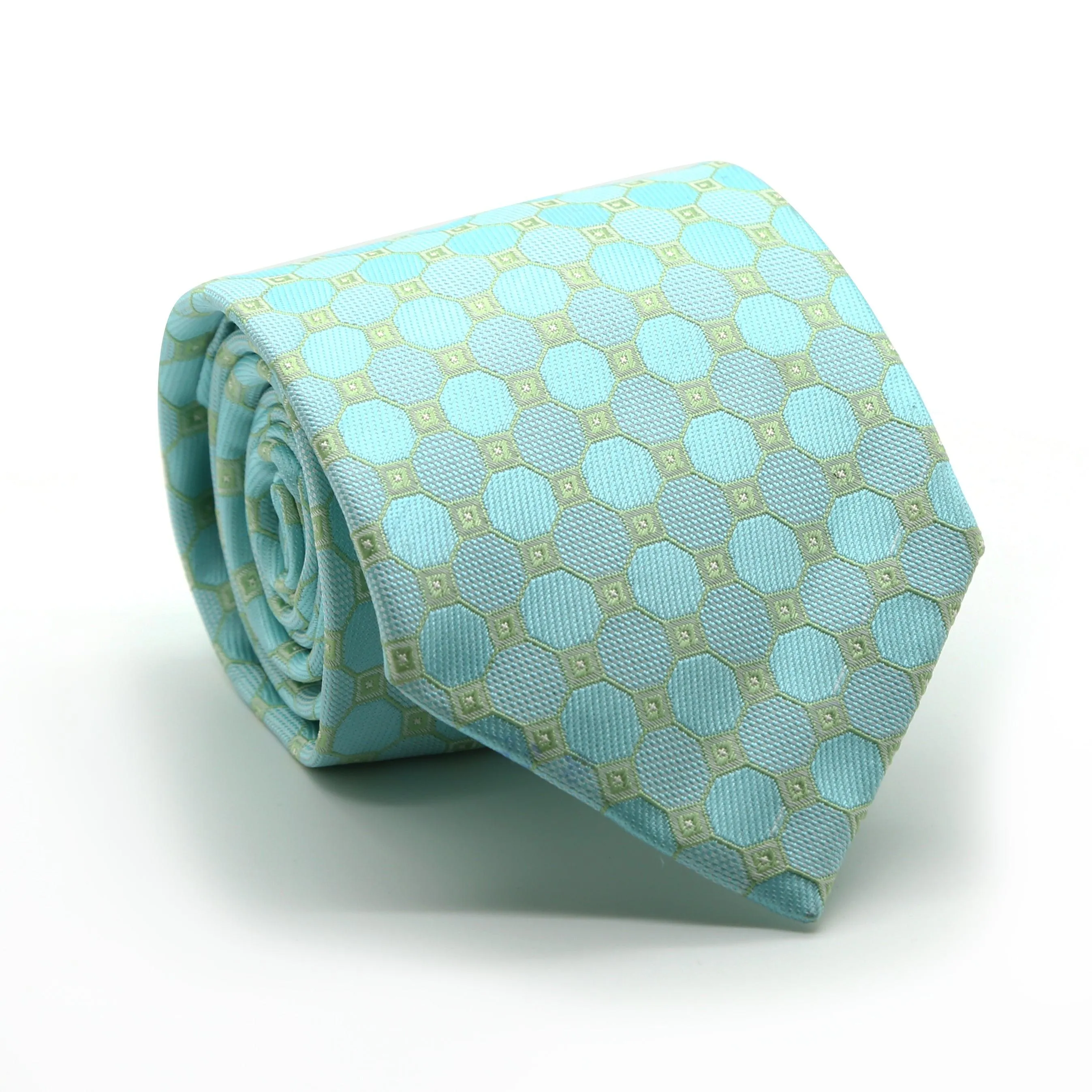 Mens Dads Classic Turquoise Geometric Pattern Business Casual Necktie & Hanky Set W-3