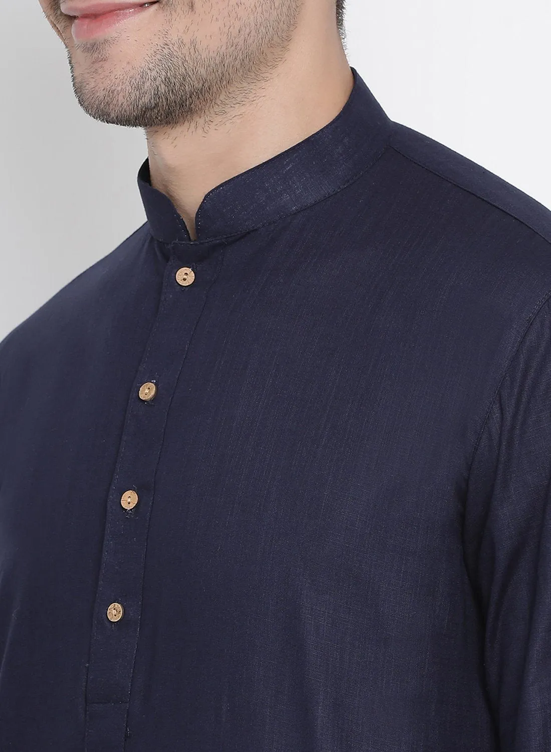 Men's Dark Blue Cotton Linen Blend Kurta and Pyjama Set - Vastramay